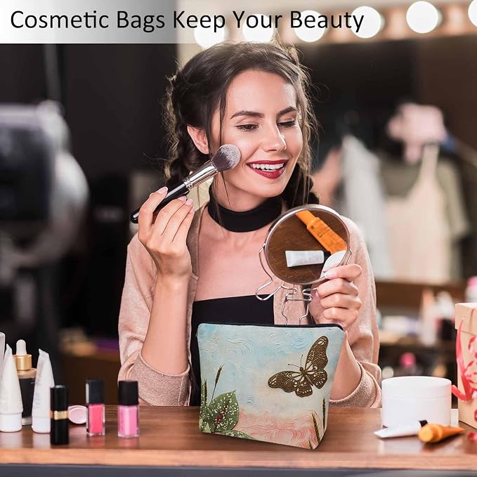 Women Cosmetic Bag Butterfly, Pond Green Leaves Floral Butterflies Cute Makeup Bag For Purse Cosmetic Travel Bag For Toiletries Makeup Storage Bag Flax Skincare Bag Make Up Pouch Bags - Image 2