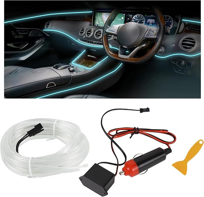 EL Wire Interior Car LED Strip Lights, 16.4FT RGB Cigarette Lighter Neon Automotive Light Strip, Electroluminescent Vehicle Ambient Lighting Kit, Interior Decoration Car Accessories (Ice Blue) by Hbxdeco