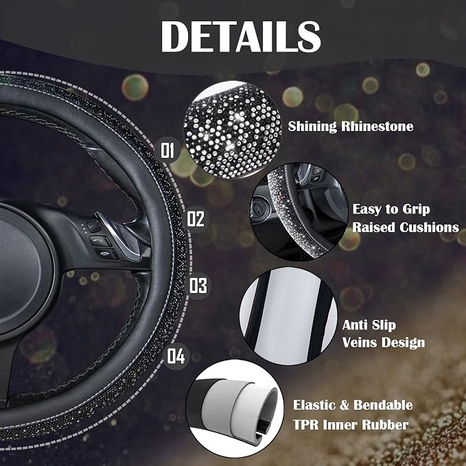 CAR PASS Bling Diamond Leather Steering Wheel Cover, Bling Sparkly Crystal Glitter Rhinestones Universal Fit 14" 1/2-15" Car Wheel Protector for Women Girl Fit Suvs,Vans,Sedans,Trucks, Black Silver - Image 5