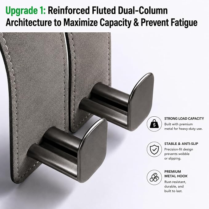 WideFit Car Headrest Hooks, 2 Pack for Wide-Strap Bags, Gray | 0.98 in opening fits thick purse straps. Premium leather and dual metal hooks hold up to 40 lb and rotate 360°. - Image 2