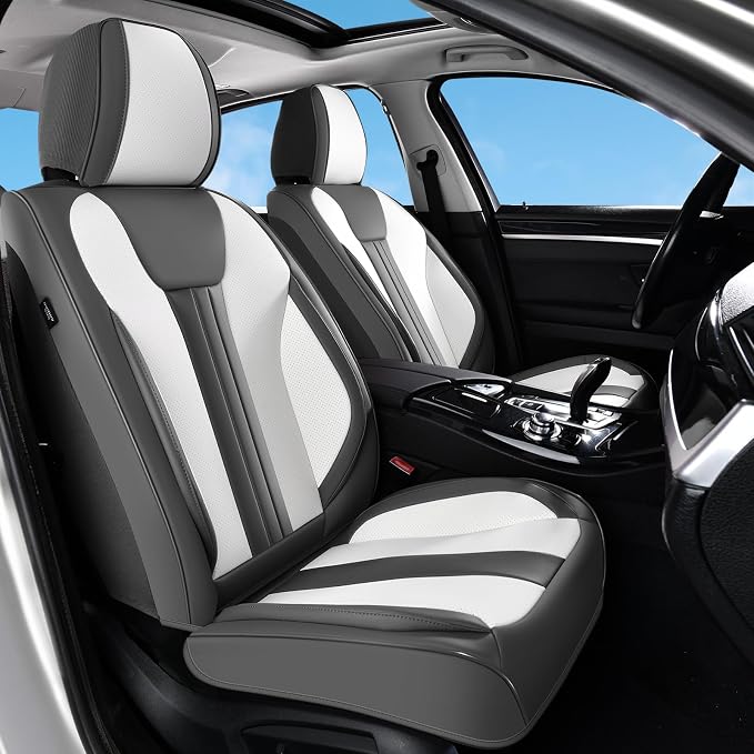 Huidasource Universal Car Seat Covers, Waterproof Faux Leather, Airbag Compatible, Easy Install, Preserve Cup Holders and Seat Functions, Great for Daily & Outdoor Use, Gray & White - Image 2