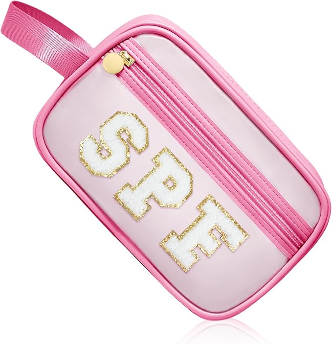 COSHAYSOO Clear Sunscreen Bag Makeup Toiletries Pouch Beach Vacation Essentials Summer Travel Stuff Accessories Personalized Graduation Gifts for Women College Teen Girls Teacher Nurse Pink SPF by COSHAYSOO