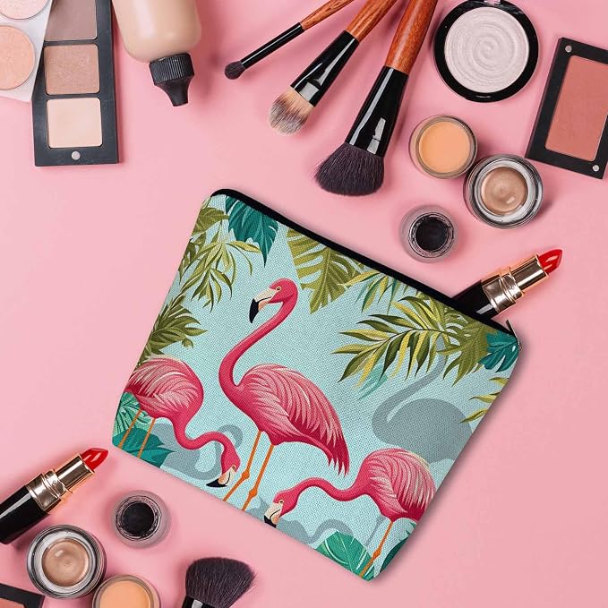 Women Makeup Organizer Bag Flamingo Exotic Flamingo Tropical Palms Flax Cosmetic Bag Makeup Bags Toiletry Bag Accessories Organizer Travel Bags For Home Bathroom Office Hotel Gym Pink Green - Image 3
