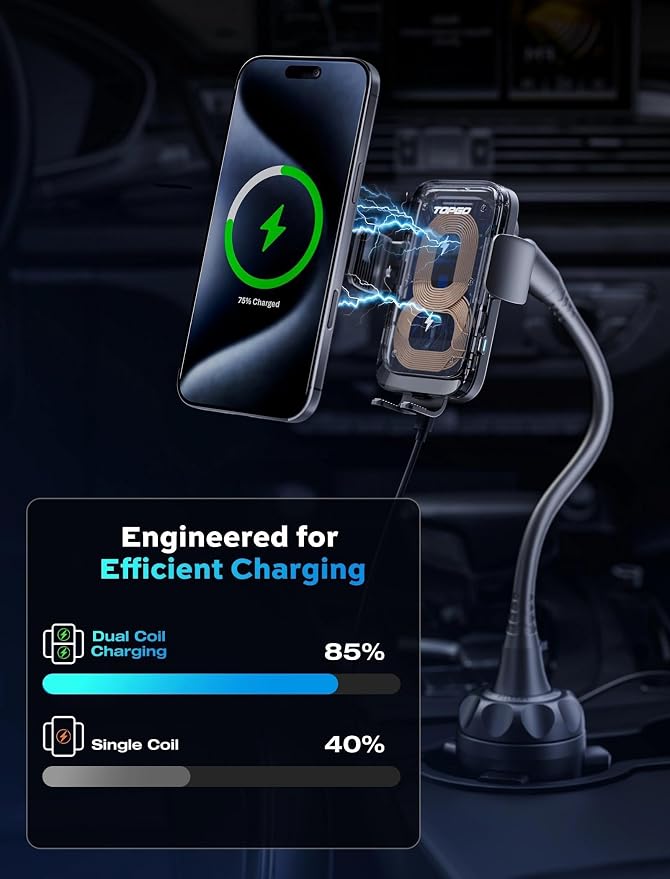 Dual Coil Cup Phone Mount Wireless Charger, Universal Cell Phone Holder, Cup Holder 15W Fast Charging for iPhone 17 16 Pro Max, Samsung Galaxy - Black - Image 4