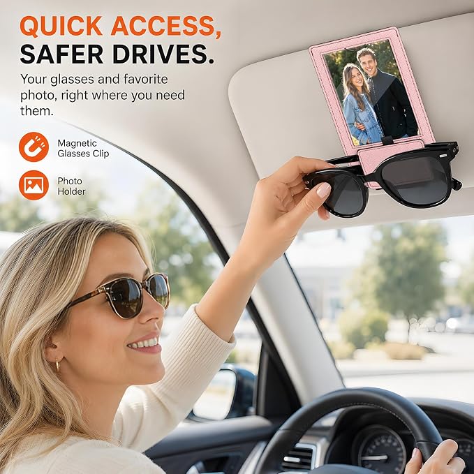 2-in-1 Car Visor Sunglasses & Photo Holder, Magnetic PU Leather Glasses Clip with Picture Display Slot, Universal Sun Visor Organizer for Eyeglasses, Personalized Cards & Memories, Dusty Pink - Image 2