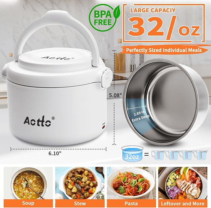 Electric Lunch Box, 32 oz Portable Food Warmer Heater, Lunch Warmer Portable for Work/Office/Car/Travel 12V/24V/110V 3-in-1, Warming Soup & Meal, Spill-Free, Men & Women's Gifts, White - Image 3