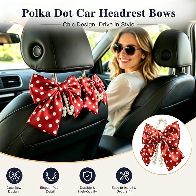2 Pack Pearl Car Seat Headrest Hook with Bow & Sequin/Leopard/Polka Dot Design – Cute Purse Hanger for Vehicle,Grocery Bags, Umbrellas, Seat Back Organizer for Women (Red Polka Dot) - Image 2