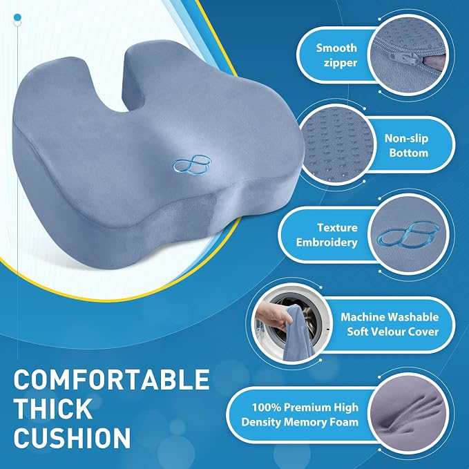 BlissTrends Memory Foam Seat Cushion for Office Chair & Car Seat, LightBlue | Ergonomic Tailbone & Sciatica Support with Removable Velvet Cover for Pressure Relief and Long Sitting Comfort, 3.3" Thick - Image 4