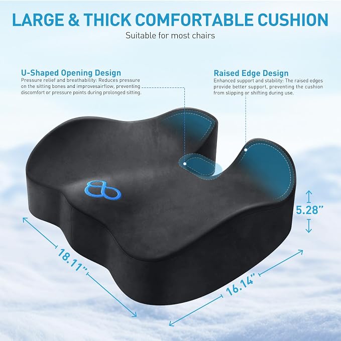 BlissTrends Thick Seat Cushion for Office Chair & Car Seat, XL, Grey | Memory Foam with Removable Cover, Ergonomic Tailbone & Sciatica Support for Pressure Relief and Long Sitting, 3.9" Thick - Image 2
