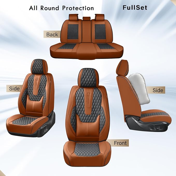 Coverado Car Seat Covers Full Set, Nappa Leather Seat Covers for Car, Waterproof Car Seat Protector with Lumbar Support, Automotive Seat Covers Universal Fit for Most Cars SUV Trucks (Brown-Black) - Image 6