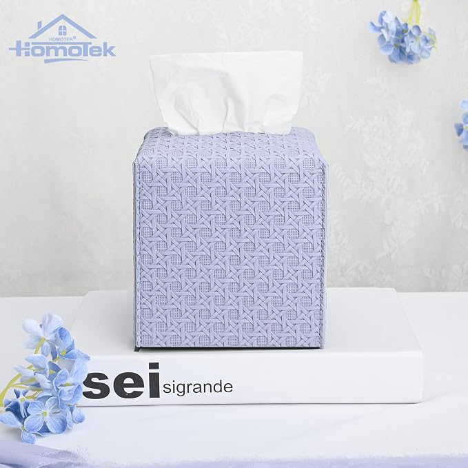 HOMOTEK 2 Pack Tissue Box Cover, Square PU Leather Tissue Holder, Decorative Facial Tissue Cube Paper Organizer Dispenser for Bathroom, Night Stands, Desk, Car 5X5X5'' - Rattan Weave,Lavenderpurple - Image 6