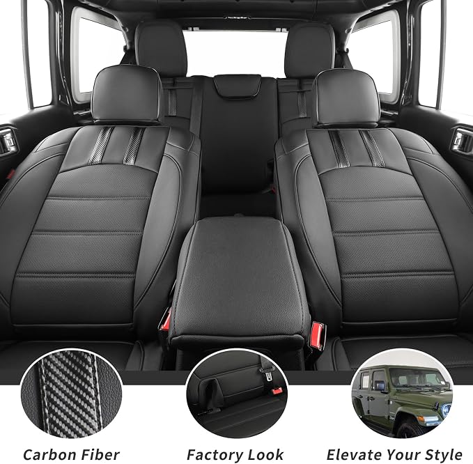 coverdream Front Wrangler Seat Covers for 2018-2026 Jeep Wrangler Rubicon,Sport,Sahara SUV,Rear Split Seat w/No Armrest,Fully Covered,Luxury Leather Car Seat Protector(2-Pack,Black & Carbon Fiber) - Image 4
