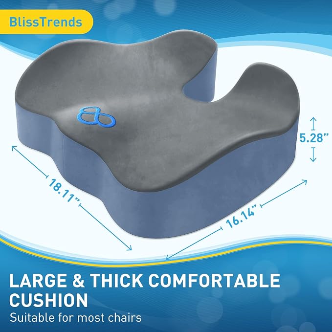 BlissTrends Thick Seat Cushion for Office Chair & Car Seat, XL, Grey&Blue | Memory Foam with Removable Cover, Ergonomic Tailbone & Sciatica Support for Pressure Relief and Long Sitting, 3.9" Thick - Image 3