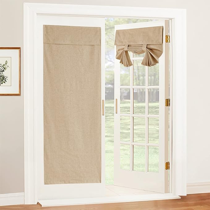 RYB HOME Natural Linen Textured French Door Window Curtains 100% Blackout | Self Adhesive, Thermal Insulated Privacy Energy Saving, Shades for Nursery Office Patio Glass Door, W26 x L72, 1 Panel by RYBHOME