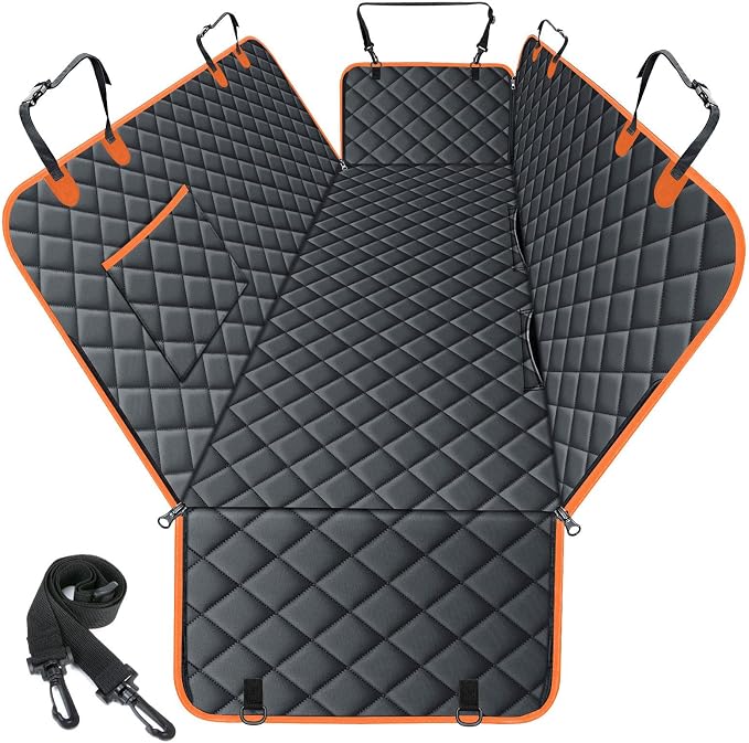NECKORY Waterproof Dog Car Seat Cover for Back Seat - Durable, Scratch Proof Pet Hammock with Nonslip Design & Storage Pockets, Fits Cars, SUVs, Trucks- S, Black/Orange by NECKORY
