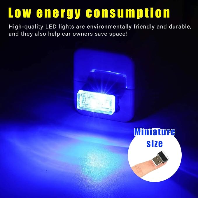 Augeny 4 PCS USB LED Car Interior Atmosphere Lamp, Plug-in USB Decor Night Light, Portable Auto Ambient Lighting Kit, Universal Vehicle Interior Accessories for Most Cars (Blue & Ice Blue) - Image 5