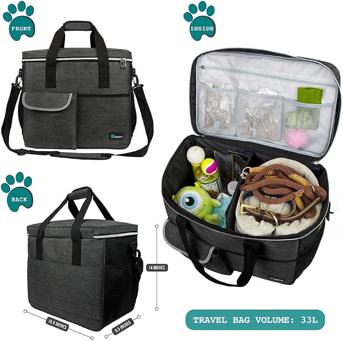 PetAmi Dog Travel Bag Organizer, Pet Supplies Diaper Tote, Dark Gray Large | Pet Travel Kit with 2 Food Containers & 2 Collapsible Dog Bowls, Luggage Sleeve, Weekend Getaway Road Trip Camping Essentials - Image 2