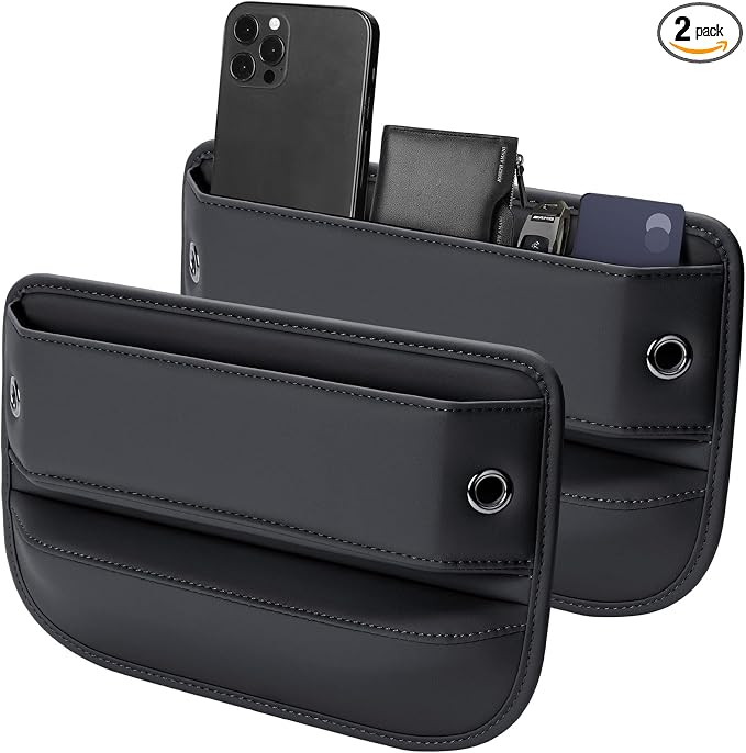 Premium Leather Car Seat Gap Filler Organizer (0.2”-1.2" Gaps), Clever Gifts for Car SUV Truck Owners (Black, 2 Pack) by Owntow