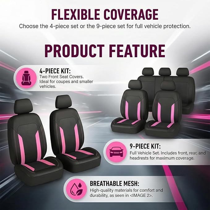 Car Seat Cover Full Set, Breathable Split Anti-Slip Vehicle Front Rear Seat Protector with Removable Headrest Guard, Automotive Interior Chair Protective Covers, Universal Fit (Pink) - Image 6