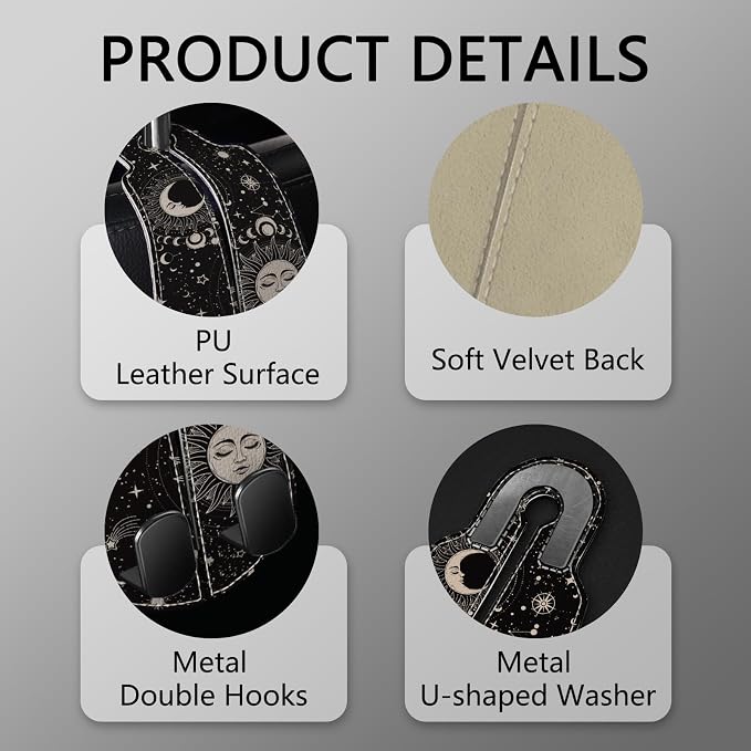Blusabaca 2PCS Car Seat Headrest Hooks, Purses Bags Holder, Sun and Moon | PU Leather, Double Metal Back Storage Hangers for Grocery Bags Handbags Bottles Coats Phones, Car Accessories Organization - Image 4