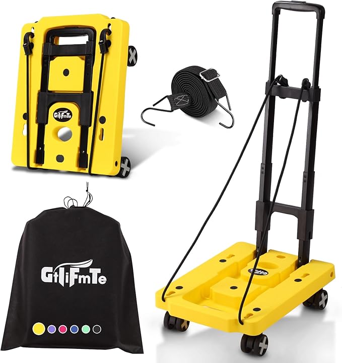 GtIiFmTe Foldable Hand Truck, Lightweight Luggage Cart for Airport Car Seat | Compact Folding dolly with Rotating swivel wheel,storage size12×15.7×4.1",300lbs Load,Upright Lock Handle with 3bungee cords by GtIiFmTe