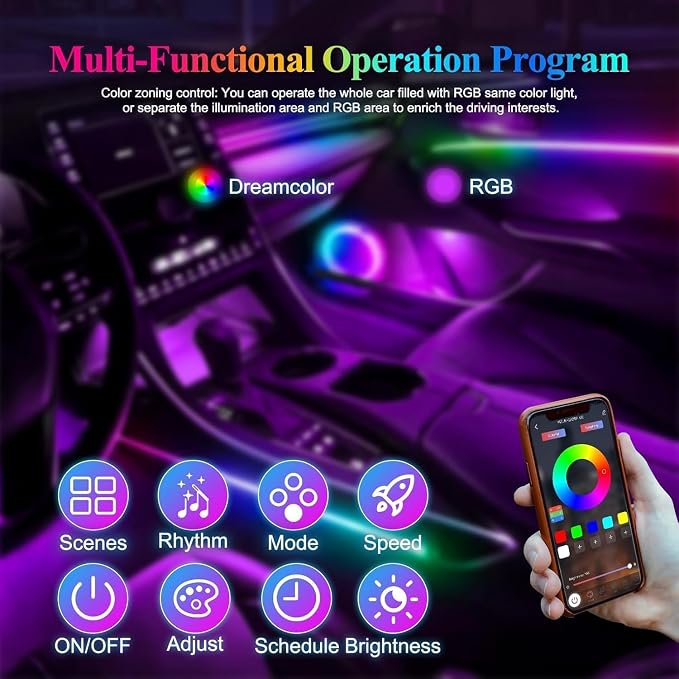 Acrylic Car Interior LED Lights, 18-in-1 RGB Fiber Optic Ambient Kit | 175in 593 LEDs, Wireless APP Control, 16 Million Colors, Music Sync and Sound Active Car Neon Ambient Lighting - Image 4