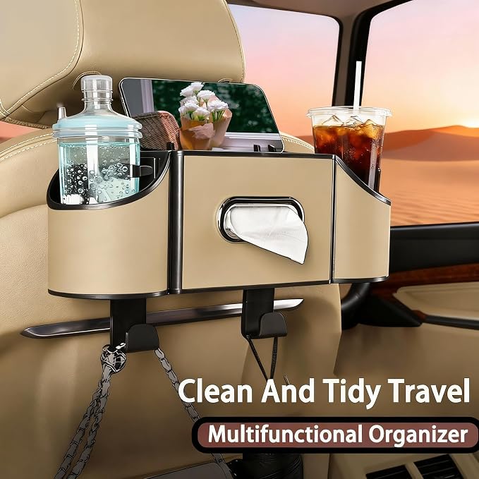 Back Seat Car Organizer,4 in 1 Multifunctional Car Back Seat Storage Box with Drink Cup Holder Tissue Box, for Hold Phone,Snacks, Drinks, Handbag-Meter - Image 2