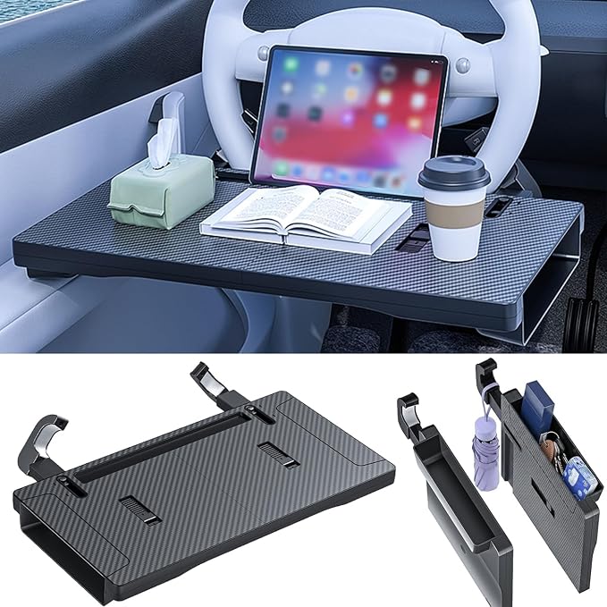 Carbon Fiber 3-in-1 Steering Wheel Tray Table & Car Seat Gap Filler Organizer & Centre Console Storage Box | Foldable Adjustable Car Desk/TableTray for Laptop, Eating & Work (【Foldable】 3-in-1) | Detachable Seat Gap Filler，0-30° Adjustable Angle，3-in-1... - Image 9