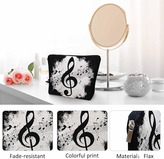 Music Notes Makeup Organizer Bag Cosmetic Bag For Men Women, Grunge Musical Notes Melody Black Travel Toiletry Bag Flax Makeup Bags Purse Business Makeup Pouch For Toiletries Cosmetics - Image 5
