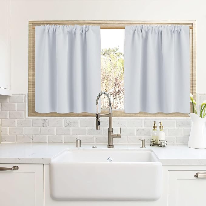 RYB HOME Cafe Curtains 24 inch Length, Mini RV Curtains for Camper Windows | Temperature Regulating,Light UV Blocking,Privacy Protection,Short Small Half Window Tiers,W42 x L24,Greyish White,2 Panels by RYBHOME