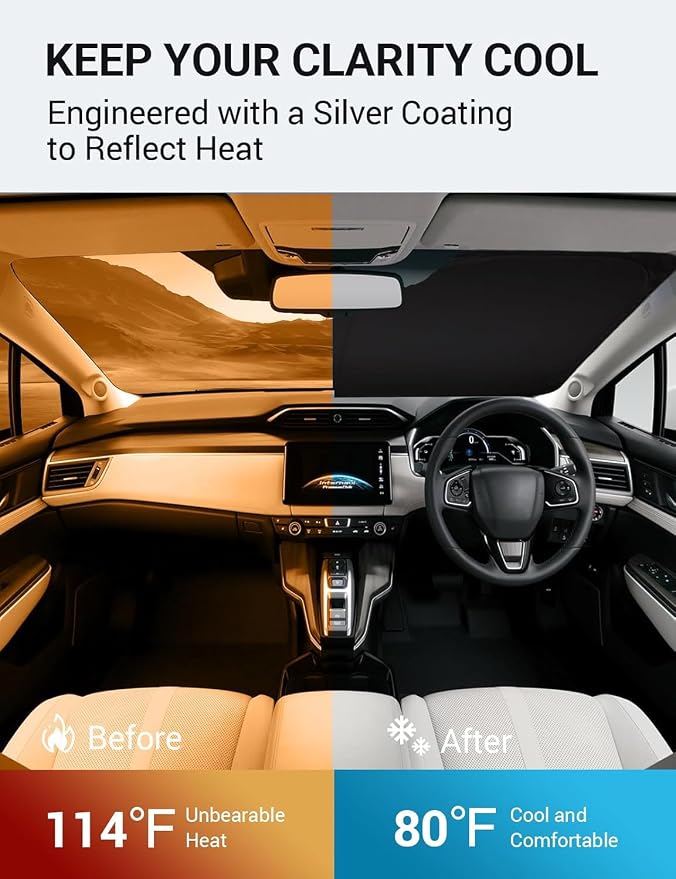 Proadsy Custom Fit Car Windshield Sun Shade for 2017-2021 Honda Clarity | 240T Heat Shield, Drops Temp 54°F, Blocks 99% UV, Prevents Dashboard Cracking, Summer Parking & Beach Trips, Easy Twist-Fold - Image 3