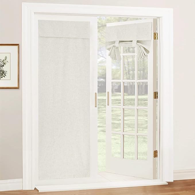 RYB HOME Natural Linen Textured French Door Window Curtains 100% Blackout | Self Adhesive, Thermal Insulated Privacy Energy Saving, Shades for Nursery Office Patio Glass Door, W34 x L69, 1 Panel by RYBHOME