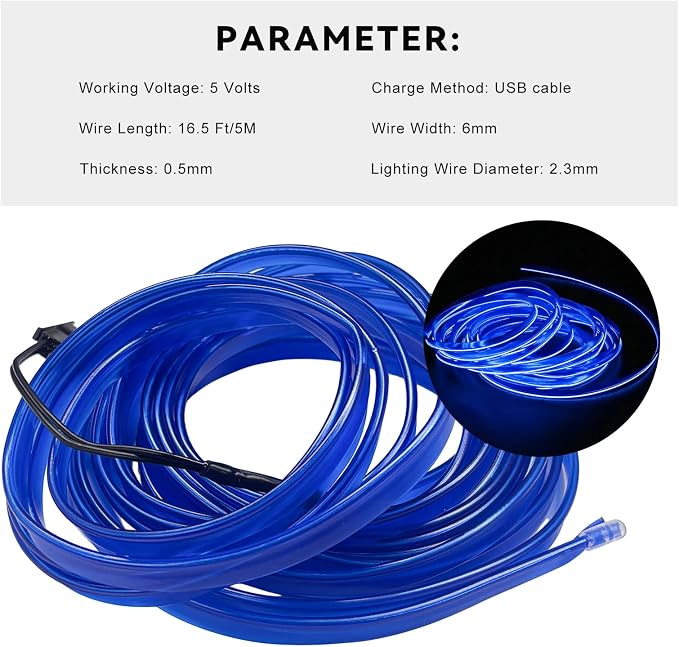 EL Wire Interior Car LED Strip Lights, 16.5FT 5V EL Wire Strip Neon Glowing Strobing Light w/ 5mm Sewing Edge, USB Electroluminescent Ambient Lighting Kit for Car Inside Decoration (Blue) - Image 2