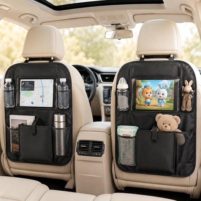 Car Backseat Organizer with 12 Storage Pockets, 12" Touch Screen Tablet Holder, Waterproof Kick Mats Seat Protector, Car Organizers and Storage for Kids, Road Trip Essentials（2 Pack，Black） - Image 2
