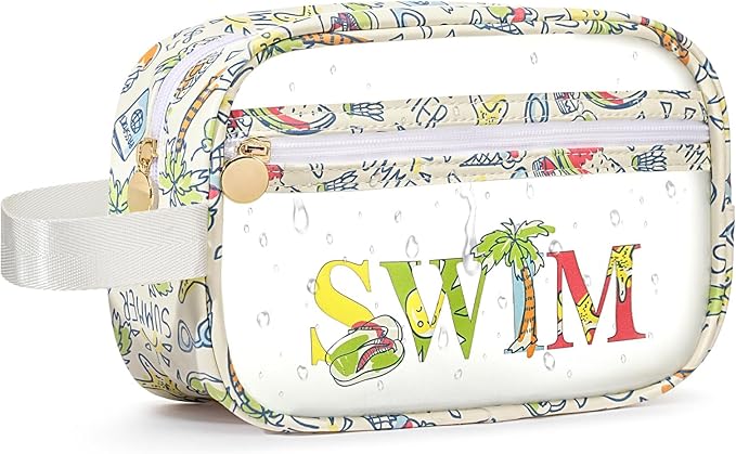 COSHAYSOO Clear SWIM Bag Swimming Pool Day Accessories for Women Teen Girls Bikini Swimsuit Goggle Cap Sunscreen Hair Makeup Organizer, Cute Swimmer Team Gifts Travel Waterproof Small Pouch, Tropical by COSHAYSOO