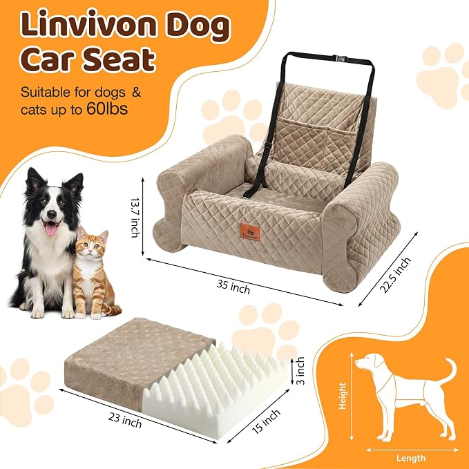 Dog Car Seat for Medium/Large Dogs up to 60LBS Memory Foam Dog Booster Seat | with Thick Cushion, Pet Car Seat for Back with Detachable Washable Cover, Storage Pockets for SUV, Pick Up, Trunk, Khaki - Image 2