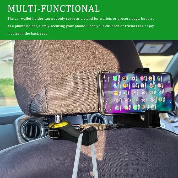2PCS Car Headrest Hidden Hook, Purse Hook for Car, 2 in 1 Vehicle Back Seat Headrest Mobile Phone Holder, 360° Rotating Backseat Organizer for Handbag Clothes Grocery Fit Vehicles (Gold) - Image 4