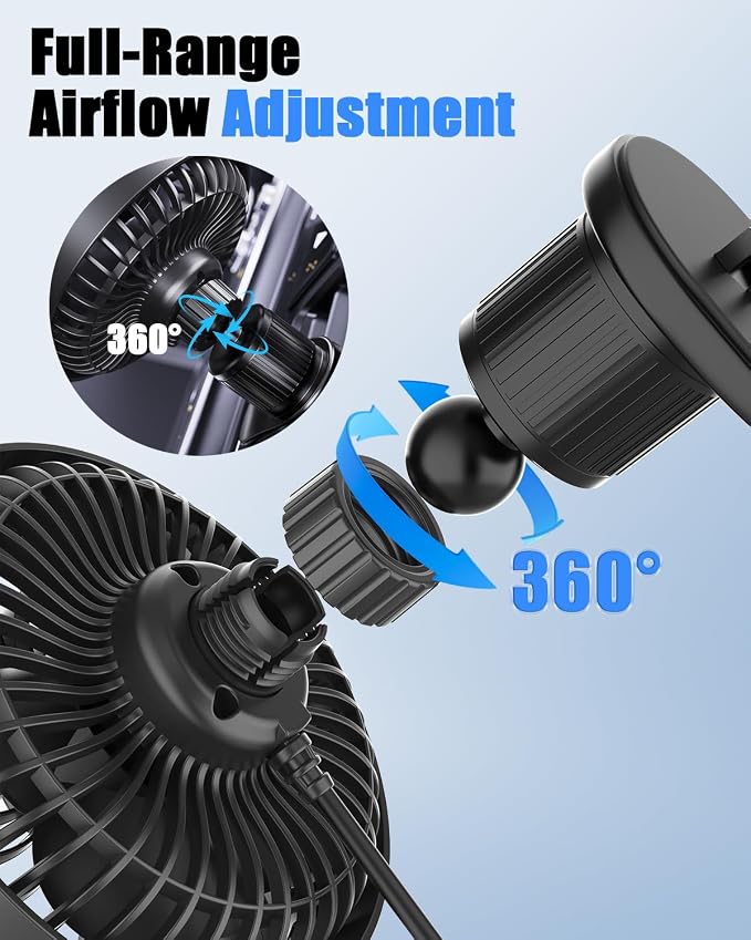 USB Car Vent Fan, 3-Speed Quiet Brushless Hook Mount Air Circulator | 5V 360°rotatable clip-on fans,mini soft airflow for driver, fits car/truck/SUV/Van/RV, plug in auto fan non-rechargeable - Image 6