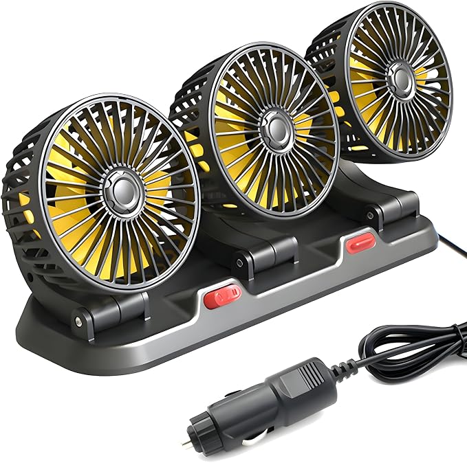 12V Car Cooling Three-Head Fan, 360° Rotation, 2-Speed Adjustable, Low Noise, Portable Fan for SUV, RV, Vehicle, Boat, Golf Cart with 51-Inch Cord - Image 8
