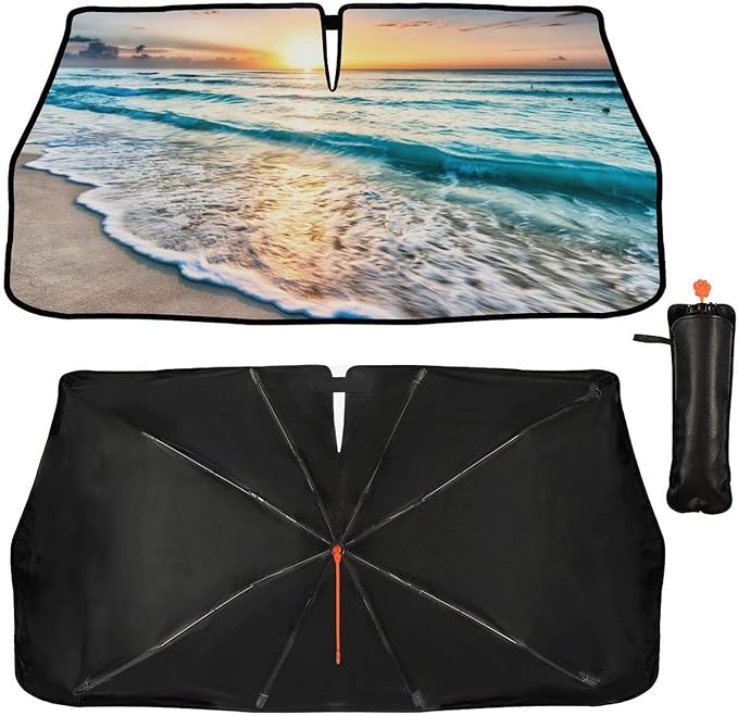 Socira Beach Sun Shade Car Windshield Umbrella Beach Sunshade Window Shades | Windshield Sun Shade Umbrella Beach Car Accessories Fits Most Trucks & SUVs 57'' x 30'' - Image 2
