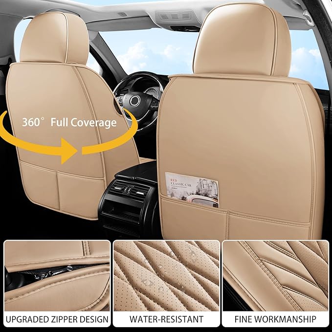 WELLDO Nappa Faux Leather Car Seat Covers Full Set, Beige | Waterproof, Non-Slip Seat Protector, 0.28in Thickened Cushion, Airbag Compatible, Universal for Cars SUV Truck Pickup - Image 5