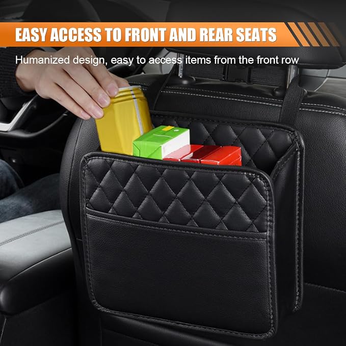 LAINLOY Classic Car Backseat Organizer, Black, 8L Capacity, Foldable, Hanging Mount, PU Leather, Unisex, 1 Count - Image 4