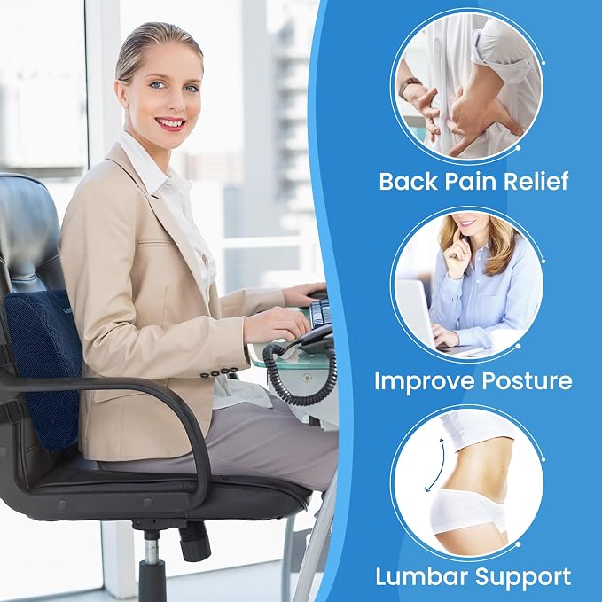 Lumbar Support Pillow for Office Chair, Back Support, Memory Foam, Blue | Improve Sitting Posture & Back Pain Relief. Lumbar Pillow Fits Office, Gaming & Car Chairs with Adjustable Dual Straps - Image 4