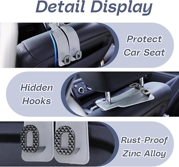 Car Headrest Hooks Universal Car Purse Hook Premium Leather and Alloy Twin Hook Car Seat Back Storage Hanger Hook for Purse Bags Cloth Drink Durable Holder Car Accessories (BH09-Grey-Black-4 Pack) - Image 5