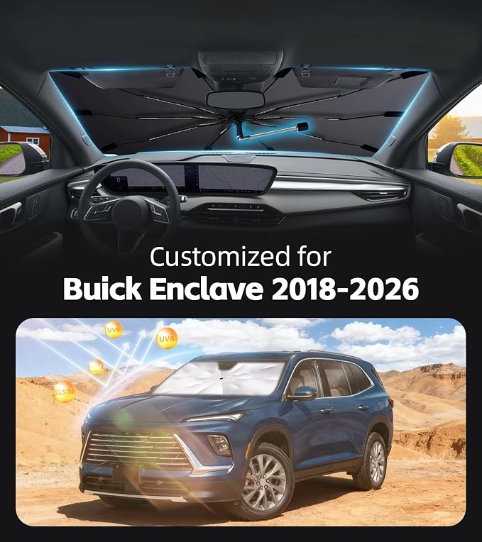 Windshield Sun Shade for Buick Enclave 2018-2026 with 360° Rotating Shaft | Custom Fit Umbrella Sunshade for UV Blocking, Interior Heat Protection, Easy Storage, UPF 50+ Cool Windshield Cover - Image 2