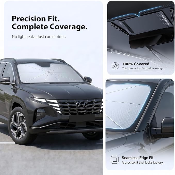 2026 Upgraded Windshield Sun Shade Umbrella for Hyundai Tucson [Precision Custom Fit, Superior UV & Heat Block] Cooling Tech Fabric, Durable Foldable with Storage Bag, Fits 2005-2026 - Image 6