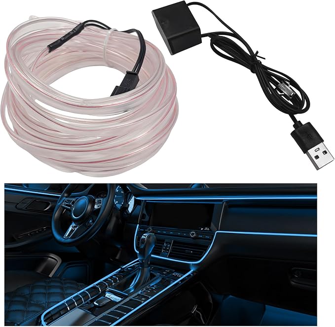 EL Wire Interior Car LED Strip Lights, 16.5FT 5V EL Wire Strip Neon Glowing Strobing Light w/ 5mm Sewing Edge, USB Electroluminescent Ambient Lighting Kit for Car Inside Decoration (Ice Blue) by Pxobiug