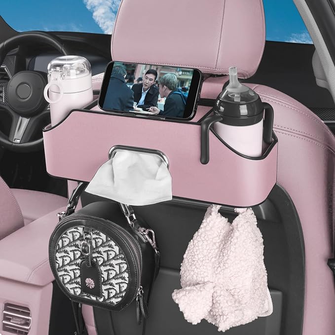 HOLDCY Car Back Seat Organizer with 2 Cup Holders, Tissue Storage, Pink | Rigid ABS Frame With Pu Leather, Dual Hooks And Tool-Free Mounting For Cars, Suvs And Trucks With Separate Headrest Posts - Image 5