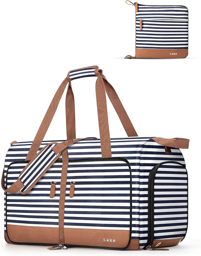 Lekesky Foldable Travel Duffle Bag for Women, Large Duffel Bag with Separate Shoes Compartments & Straps, Carry On Weekend Bag for Women, Hospital, Overnight (Blue Stripe, 30L) by LEKESKY