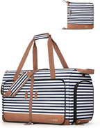 Lekesky Foldable Travel Duffle Bag for Women, Large Duffel Bag with Separate Shoes Compartments & Straps, Carry On Weekend Bag for Women, Hospital, Overnight (Blue Stripe, 30L) by LEKESKY
